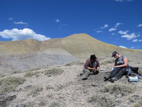 Libby and Selva sitting on a grey shale hillside in Colorado under a blue sky, collecting samples